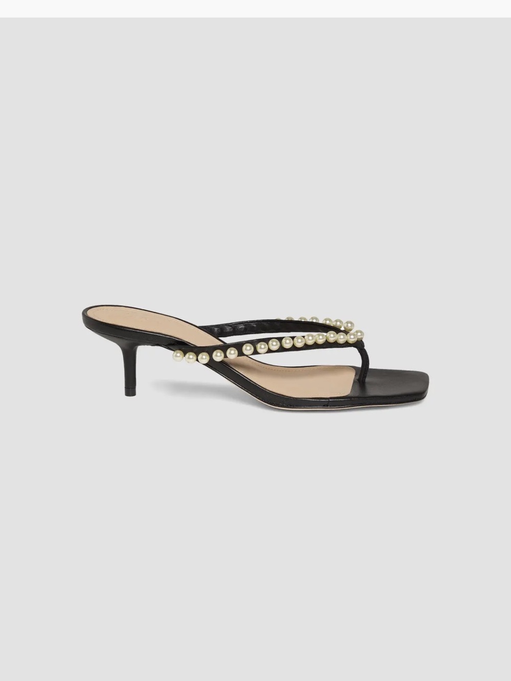 Pearl-Trim Black Kitten Heel Thong Sandal - Women
